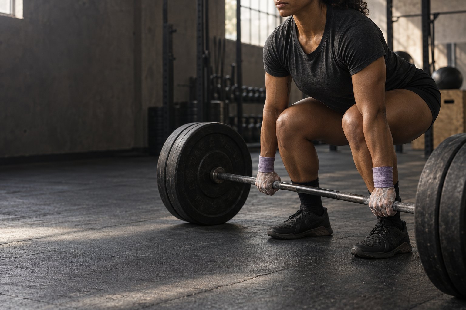 An athlete preparing for a barbell lift in a sunlit gym