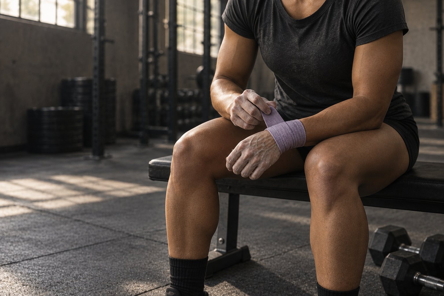 A lifter tightening wrist wraps before barbell training